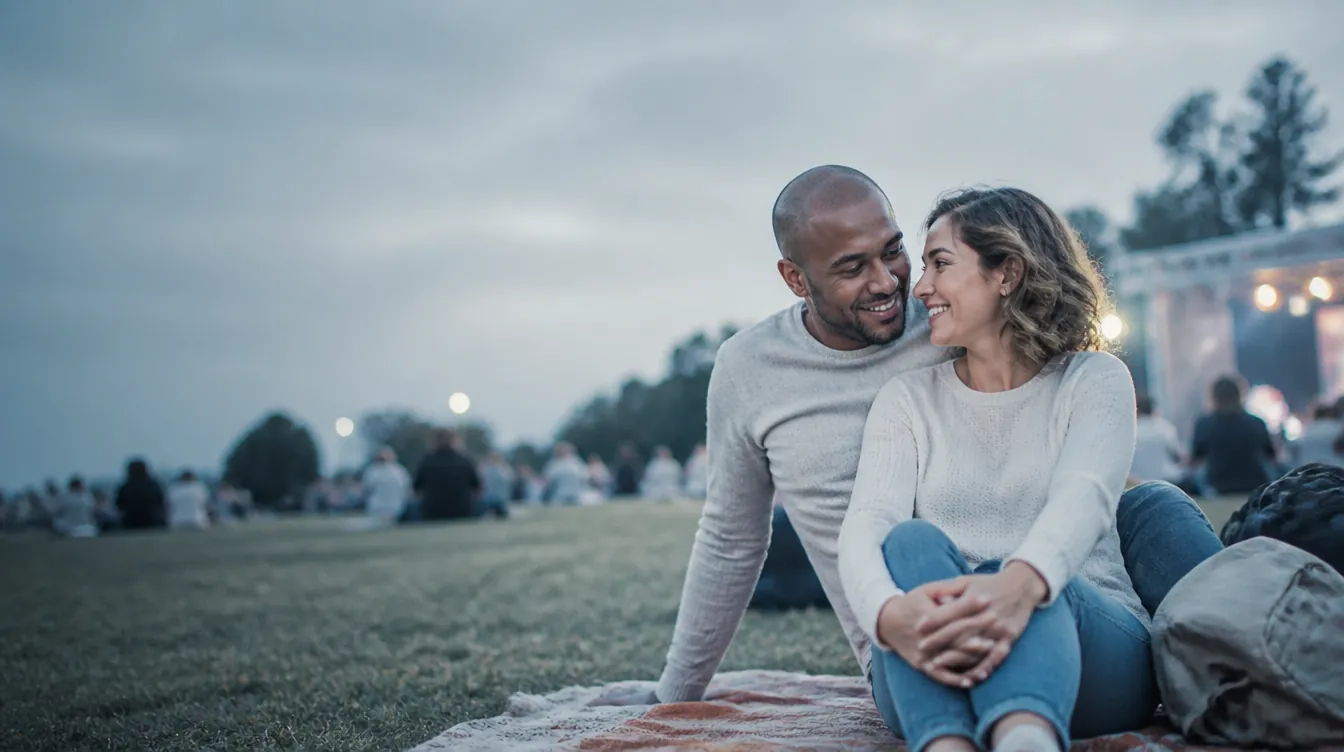 An interracial couple in their late 30s sitting close together on a blanket at an outdoor concert lawn, sharing a quiet laugh, shoulders touching, warm connected expressions