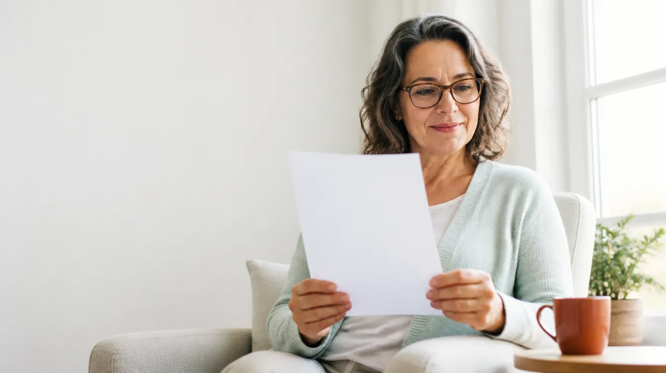 A woman in her 50s sitting in an armchair by a large window, reading glasses on, holding a single completely blank sheet of white paper and studying it with a calm, satisfied expression