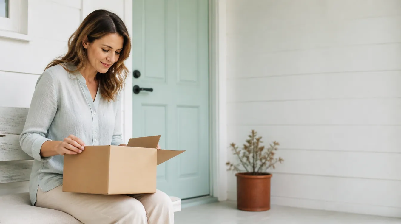 A woman in her early 40s with natural realistic skin opening a plain unbranded cardboard shipping box on a porch bench, curious and pleased expression, pale mineral teal door behind her