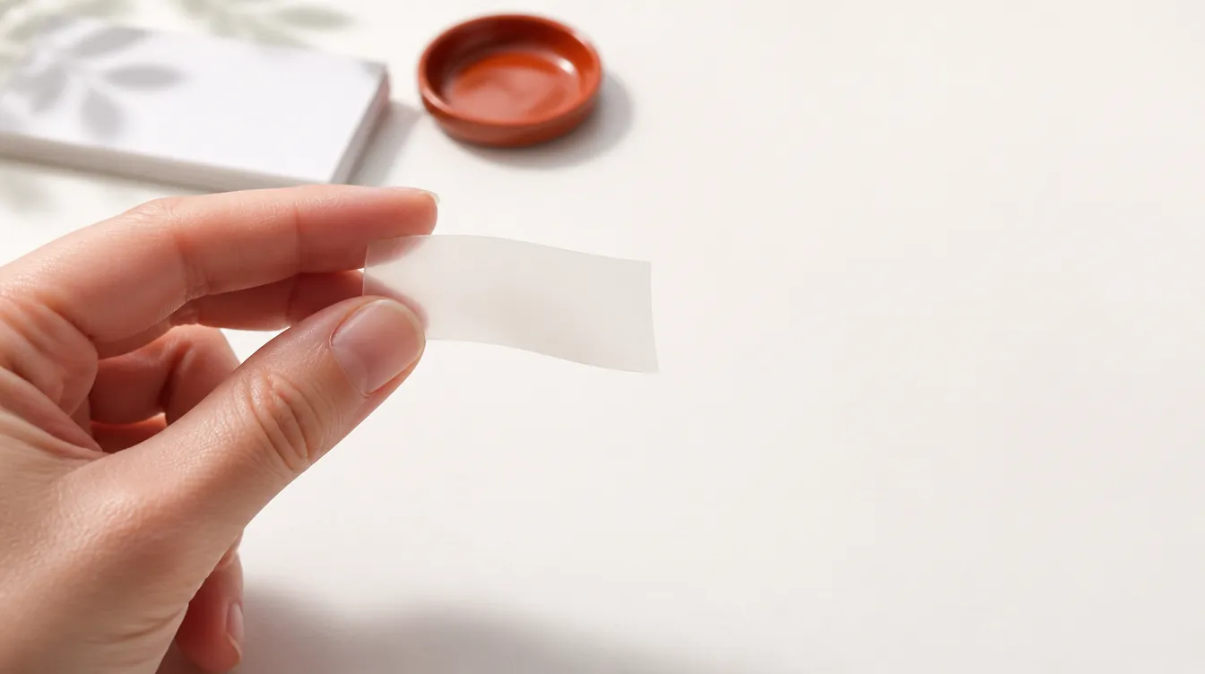 A hand holding one translucent dissolving strip at real scale over a white desk with a small rust ceramic dish