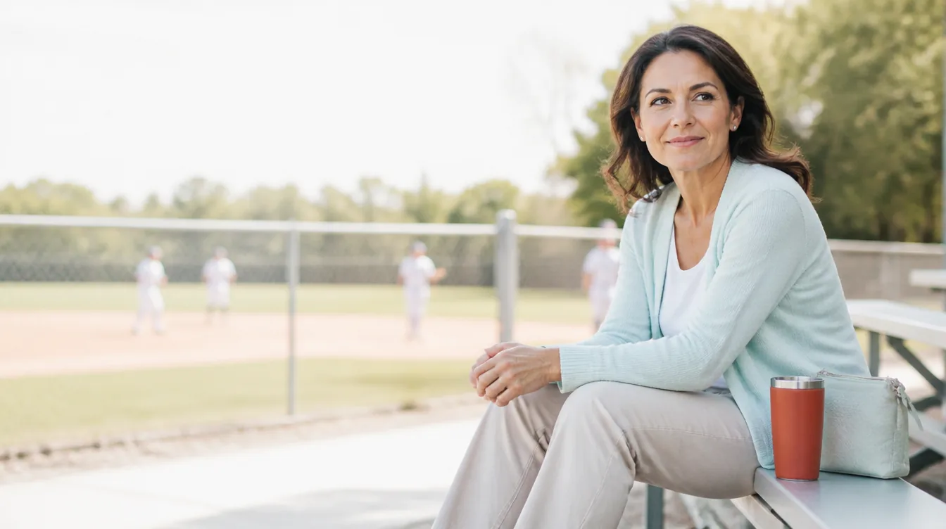 A mother in her early 40s with natural realistic skin sitting on park bleachers, relaxed and smiling gently as she watches children play baseball in soft-focus background