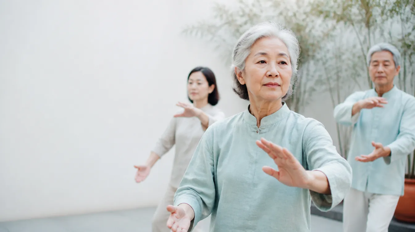 An East Asian woman in her late 60s with silver hair leading a small tai chi group in a quiet courtyard garden, mid-form with arms gently raised, serene focused expression