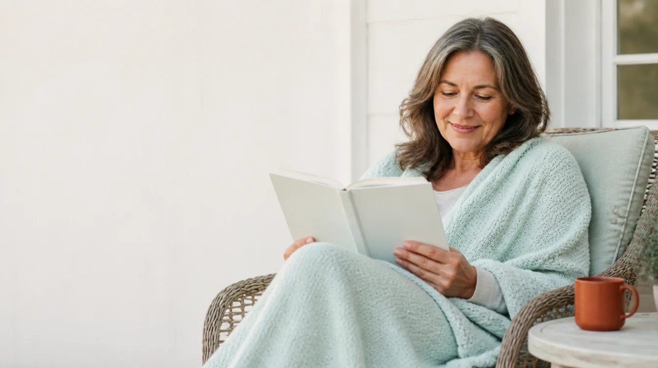 A woman in her early 50s with natural realistic skin reading relaxed in a porch armchair, a gentle content smile, wrapped in a pale mineral teal knit throw