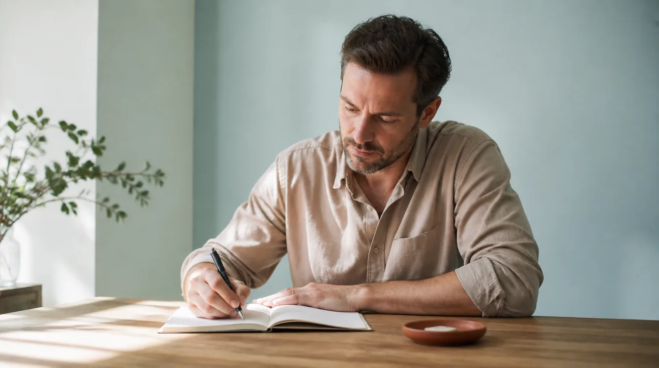 A man in his late 30s with natural realistic skin seated at a clean wooden desk in deep focus, writing in a blank unmarked notebook, relaxed and absorbed, a gentle natural smile