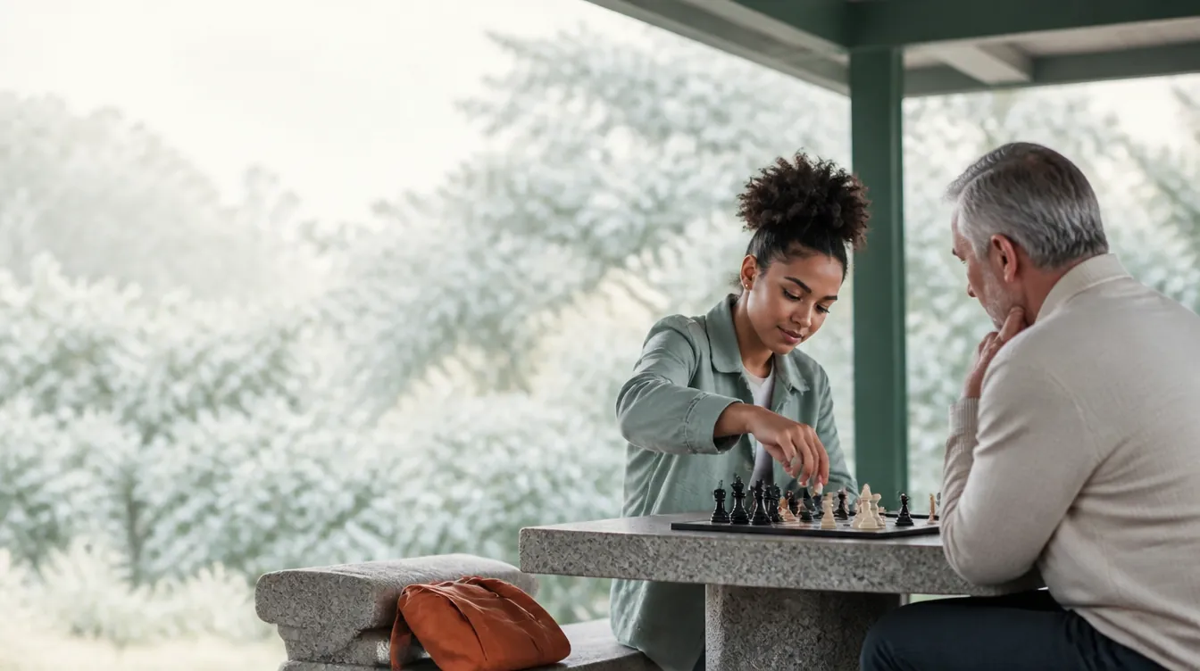 A white man in his mid-60s and a Black woman in her early 20s absorbed in a chess game at a stone table, the woman mid-move with calm concentration, both leaning slightly in