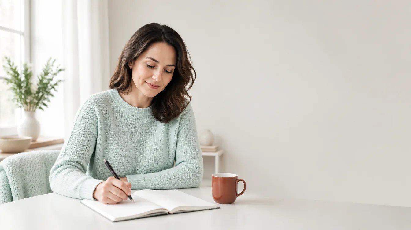 A woman in her late 30s with natural realistic skin sitting at a bright home desk, writing calmly in a blank notebook with a look of relaxed focus and a slight content smile