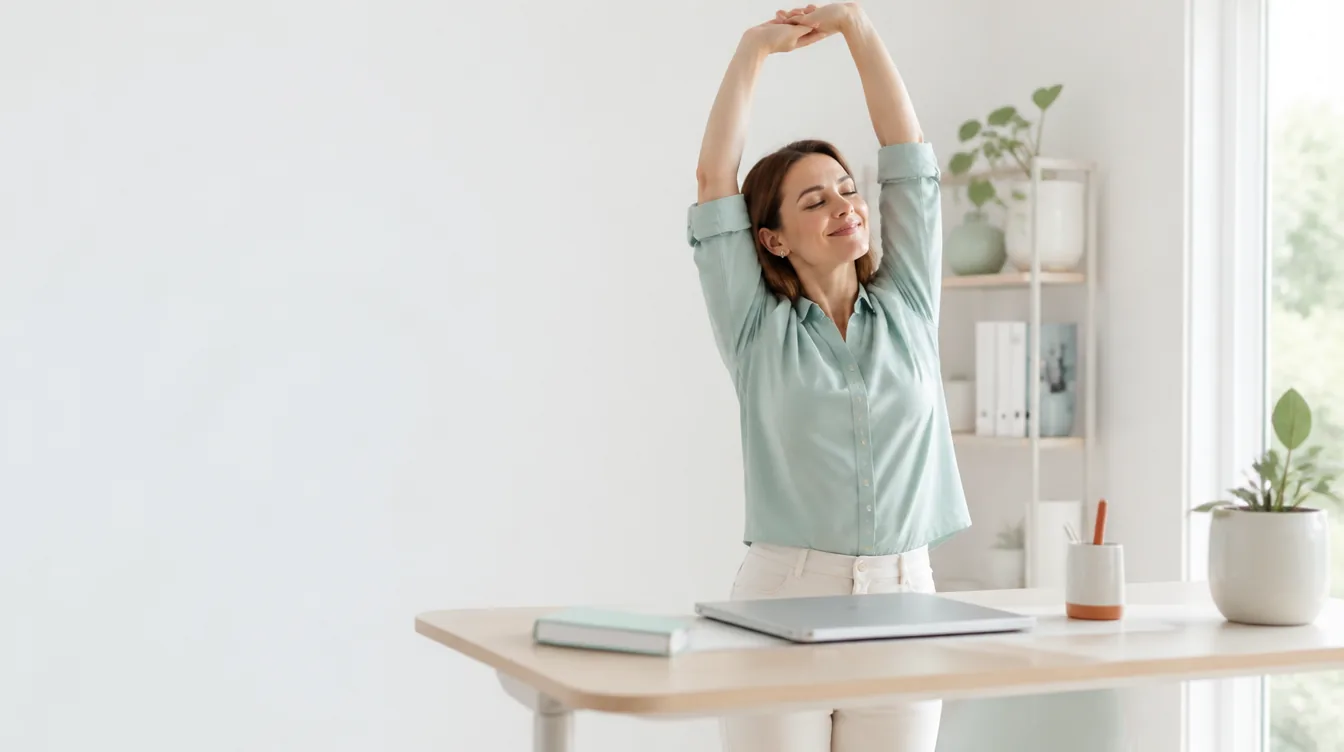 A woman in her 30s at a standing desk in a bright home office, stretching her arms overhead with a satisfied smile before starting work, laptop closed, a pale mineral teal notebook on