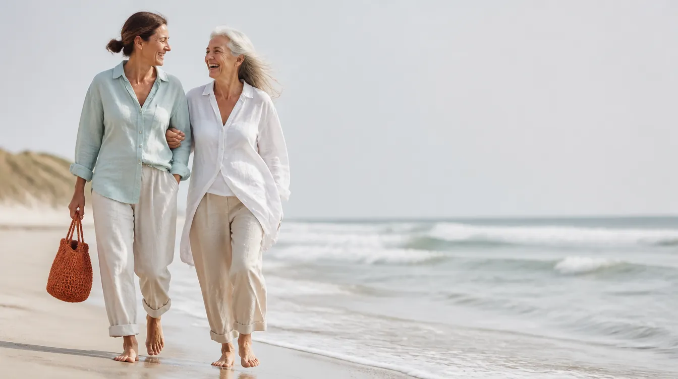 Two women in their 40s and 60s walking barefoot along a beach at the water's edge, linen clothes moving in the breeze, laughing together, natural realistic skin