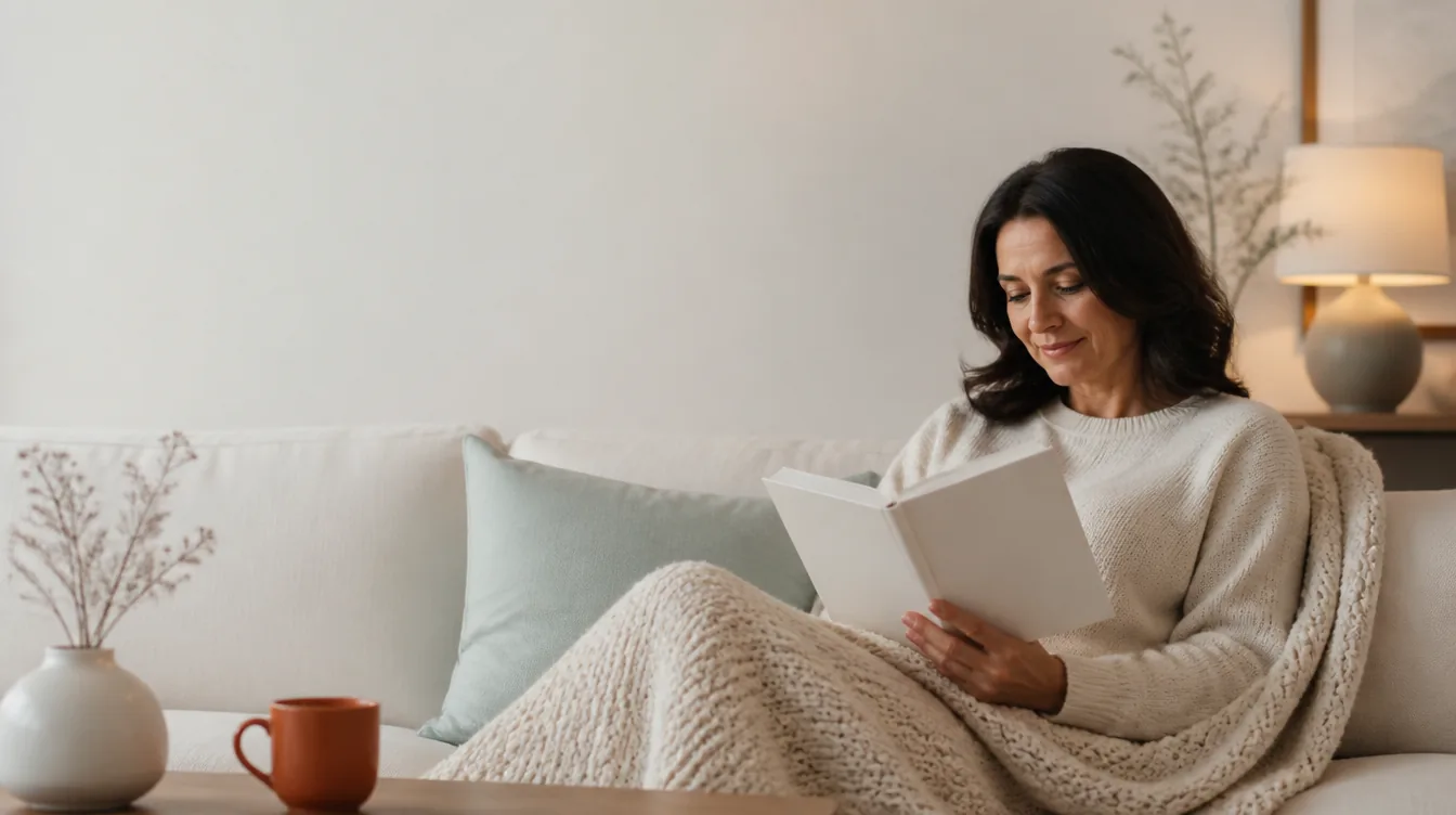 A woman in her 40s with natural realistic skin curled on a sofa under a knit throw, reading a paperback book with a completely blank cover, calm winding-down expression, unposed
