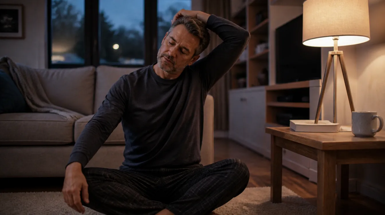 9) Type: human-in-moment Prompt: 'Editorial lifestyle photograph, soft cool natural morning window light from the left: a relaxed adult in their 40s sitting on the edge of a neatly made bed