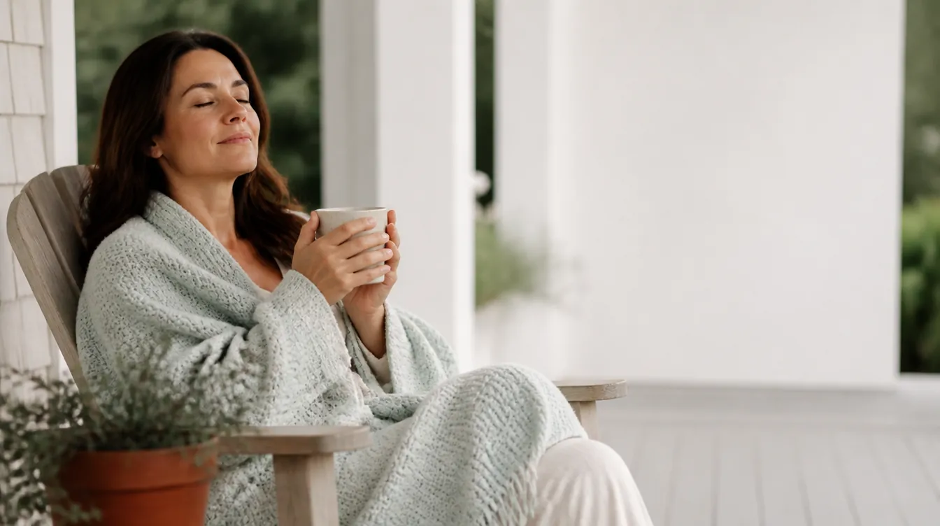 A woman in her 40s sitting on a covered porch in a wooden chair, wrapped in a pale mineral teal knit throw, holding a plain ceramic mug of tea with both hands, eyes closed in quiet relaxation