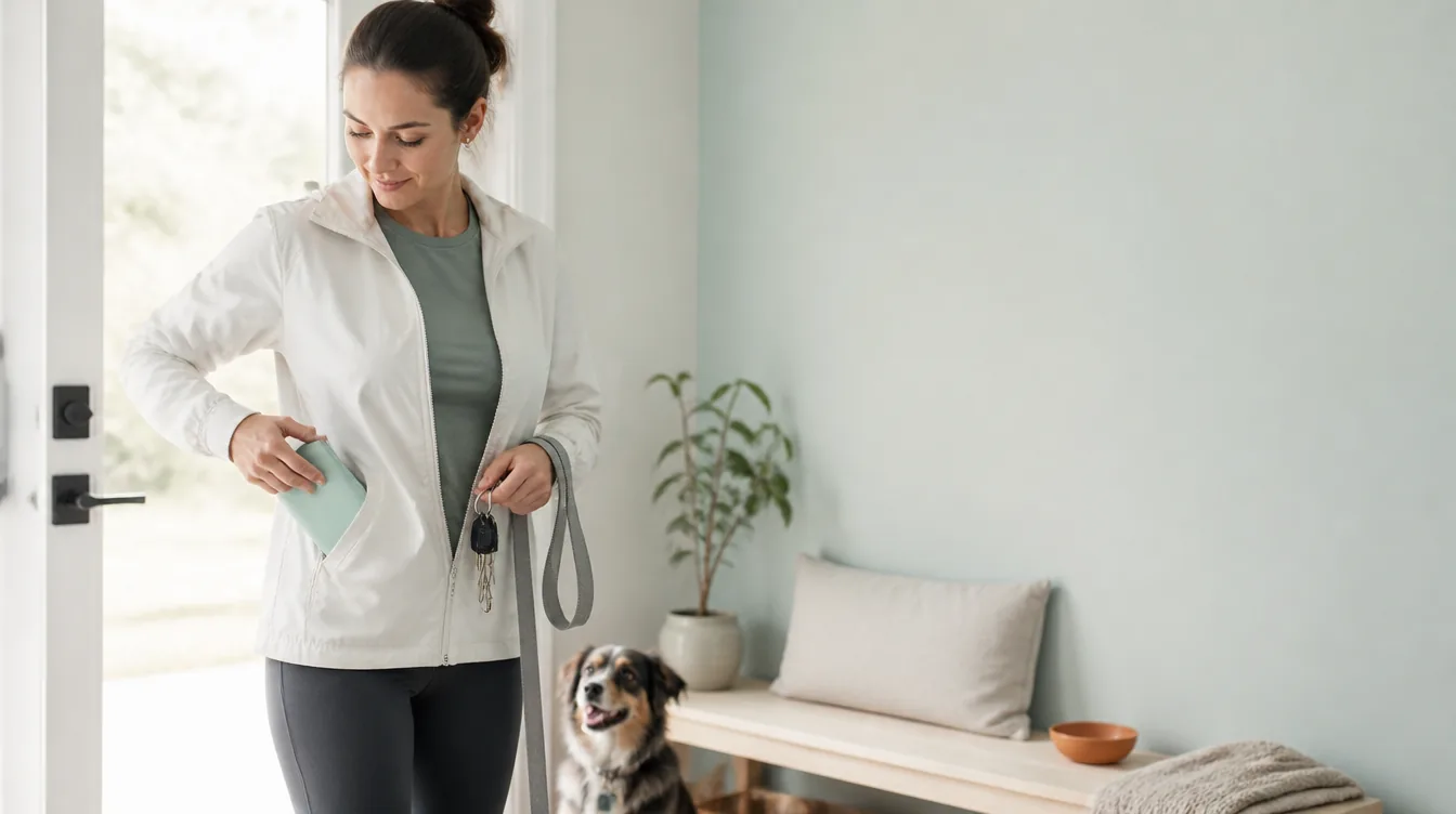 A woman in her 30s in a running jacket at her front door, keys in hand, slipping a slim unbranded matte teal pouch into her jacket pocket as she heads out