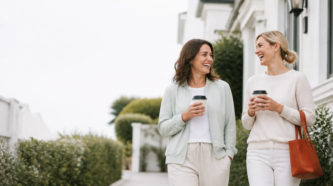 Two friends in their mid-30s walking side by side with takeaway coffee cups, laughing mid-conversation, natural realistic skin, one wearing a pale mineral teal jacket