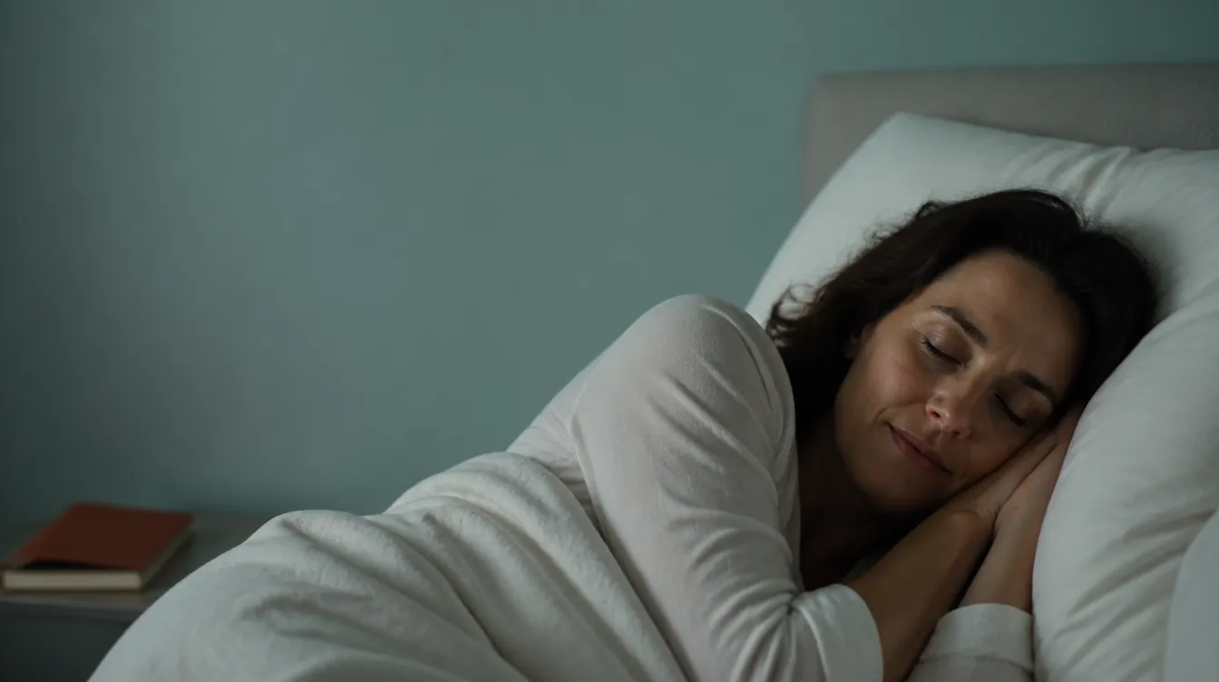 A woman in her late 30s lying peacefully asleep on her side in a calm bedroom, deep natural rest, relaxed face, breathing easy, near-white linen bedding slightly rumpled