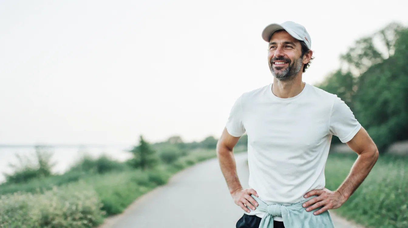 A man in his mid-30s with natural realistic skin standing on a quiet park running path, hands on hips, catching his breath with an easy satisfied smile after