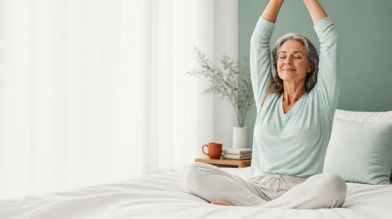 An adult woman in her early 50s with natural realistic skin and silver-threaded hair, sitting cross-legged on a warm near-white bed, eyes closed in a calm energized stretch, arms raised overhead