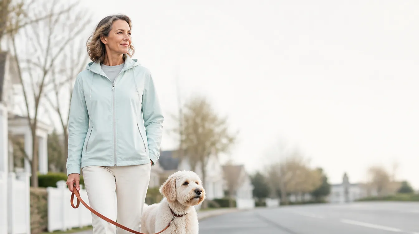 A woman in her early 50s with natural realistic skin walking a calm dog on a quiet tree-lined street, relaxed upright posture and a content expression