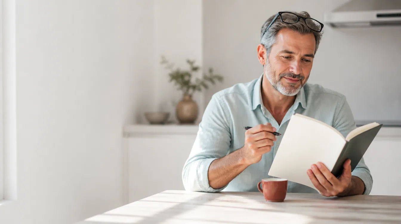 An adult man in his late 40s with natural realistic skin and reading glasses pushed up on his head, sitting at a sunlit kitchen table, relaxed