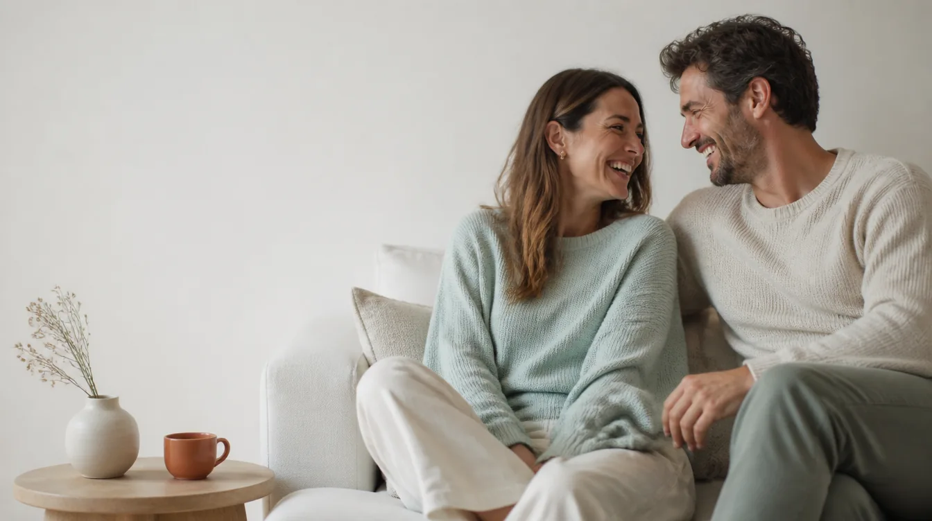 A tasteful couple in their late 30s sharing a relaxed laugh on a linen sofa in a calm living room, leaning toward each other, genuine warmth and connection, modest and fully clothed