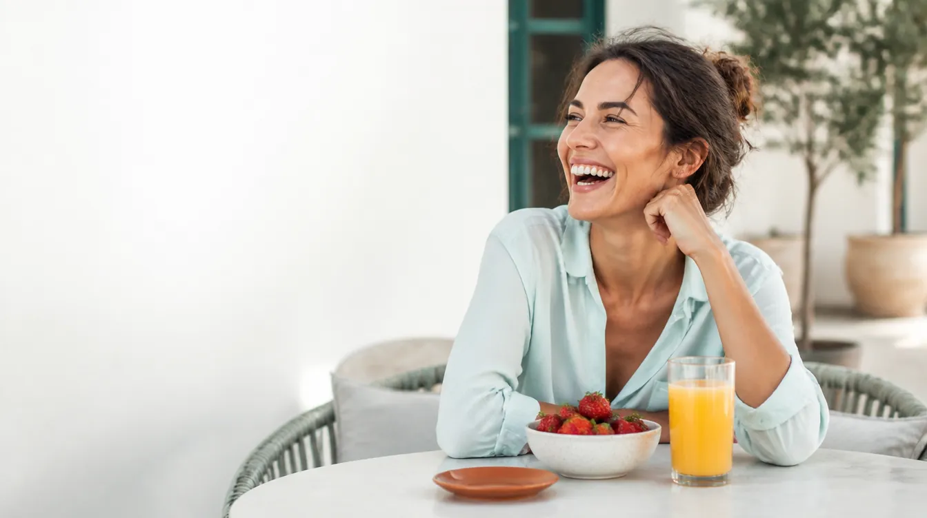 A woman in her early 30s with natural realistic skin laughing over a bowl of fresh strawberries and a tall glass of orange juice, wearing a pale mineral teal blouse