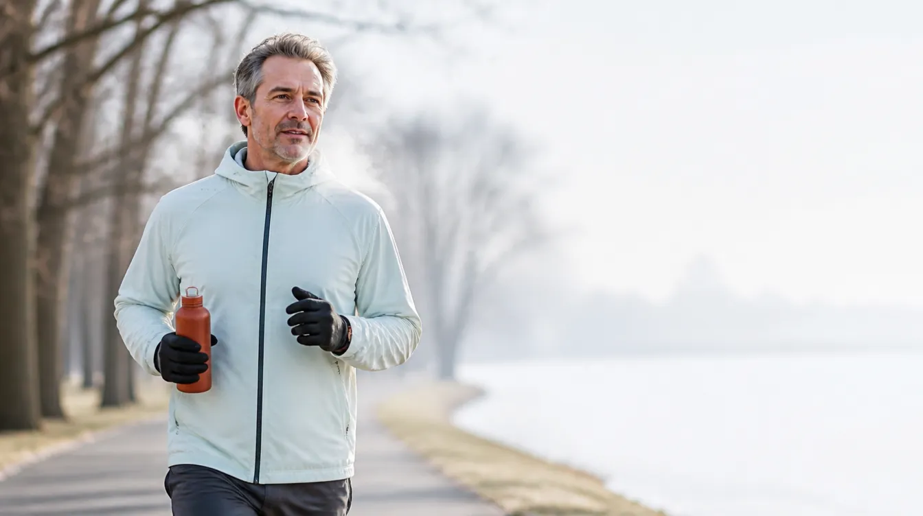 A man in his early 50s jogging at an easy, comfortable pace on a park path lined with trees, relaxed stride, natural athletic build, wearing a pale mineral teal lightweight jacket