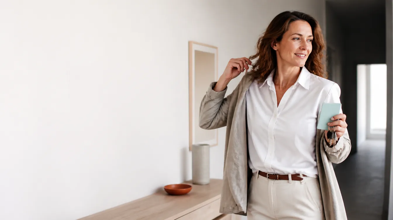 A woman in her early 40s with natural skin and a relaxed smile, standing in a bright hallway pulling on a light jacket, mid-morning-routine energy, keys in one hand