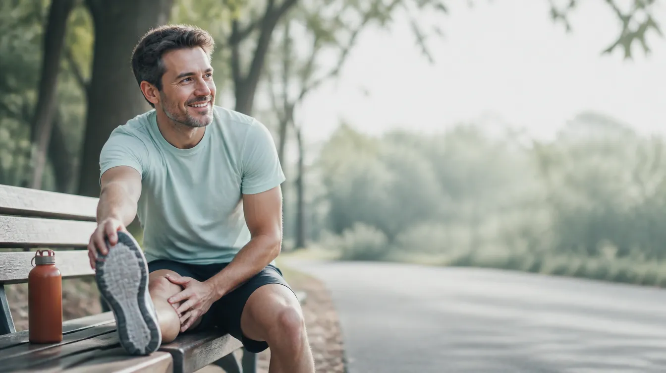 An adult man in his early 40s with natural realistic skin, mid-stretch on a wooden park bench after a run, one leg extended, relaxed genuine smile, unposed