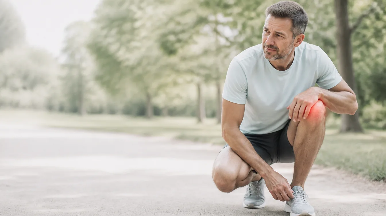 A man in his mid 40s crouched on a park trail tying his running shoe, one hand resting on his knee with a subtle soft red glow implying mild discomfort at