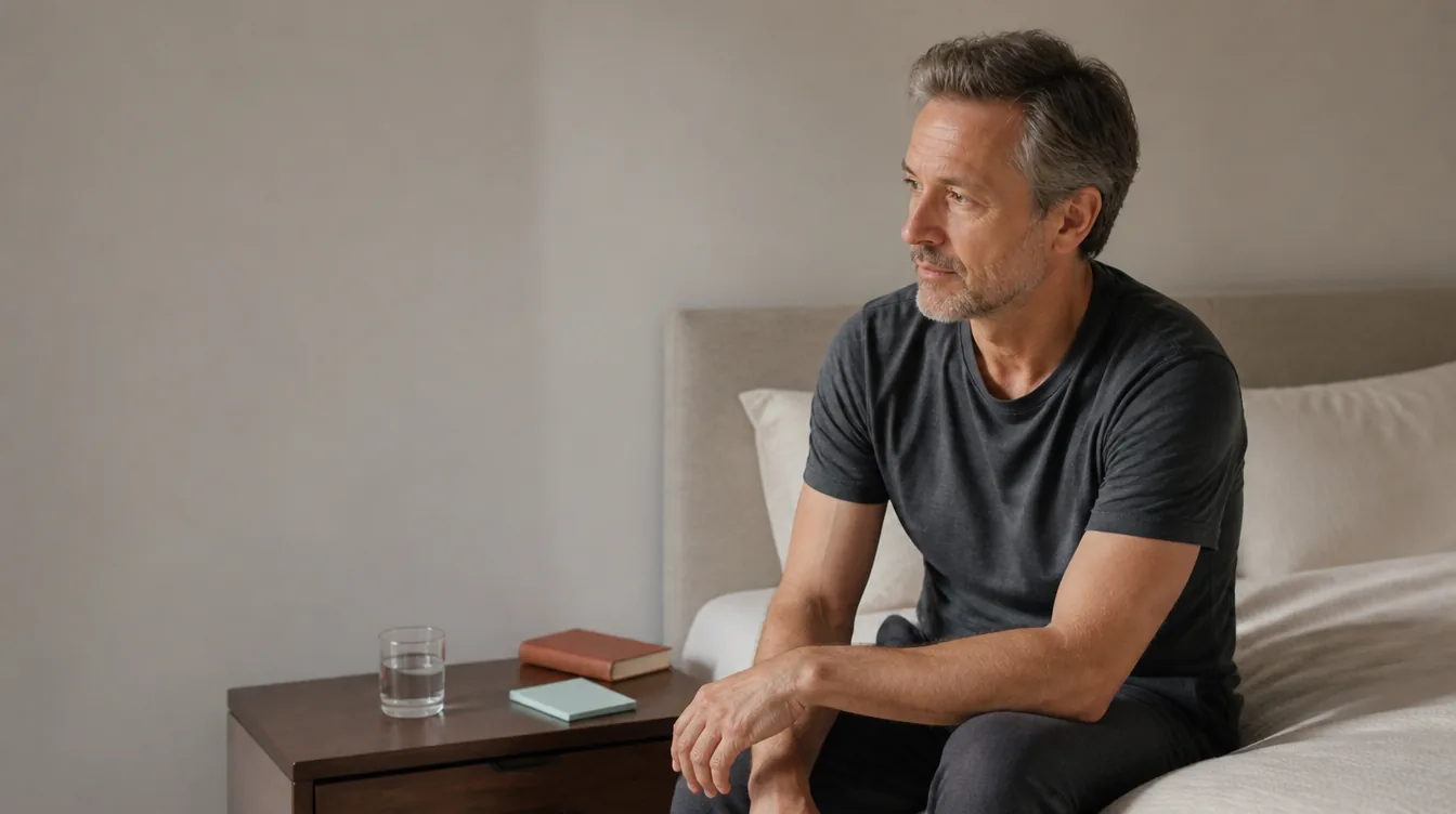 A man in his late 40s with natural skin winding down at his bedside, sitting on the edge of a neatly made bed, calm