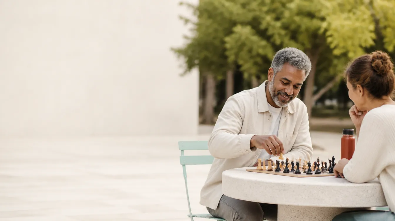 Two adults in their 50s playing chess at an outdoor park table, one mid-move with a piece in hand, both absorbed and smiling slightly, natural realistic skin