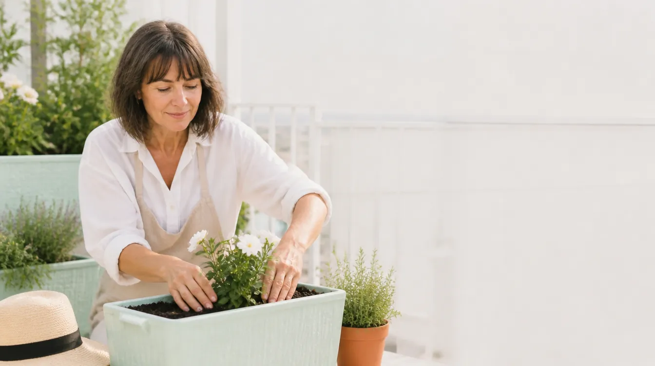 A woman in her 50s with natural realistic skin tending flowers on a sunny balcony garden, gently pressing soil around a blooming plant, content relaxed expression, sun hat