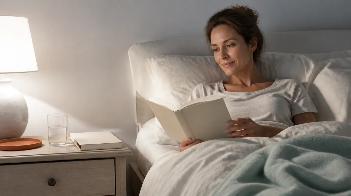 A woman in her late 30s with natural skin propped against pillows in bed at night, reading a paperback with a blank cover, calm and content — the bedside wind-down
