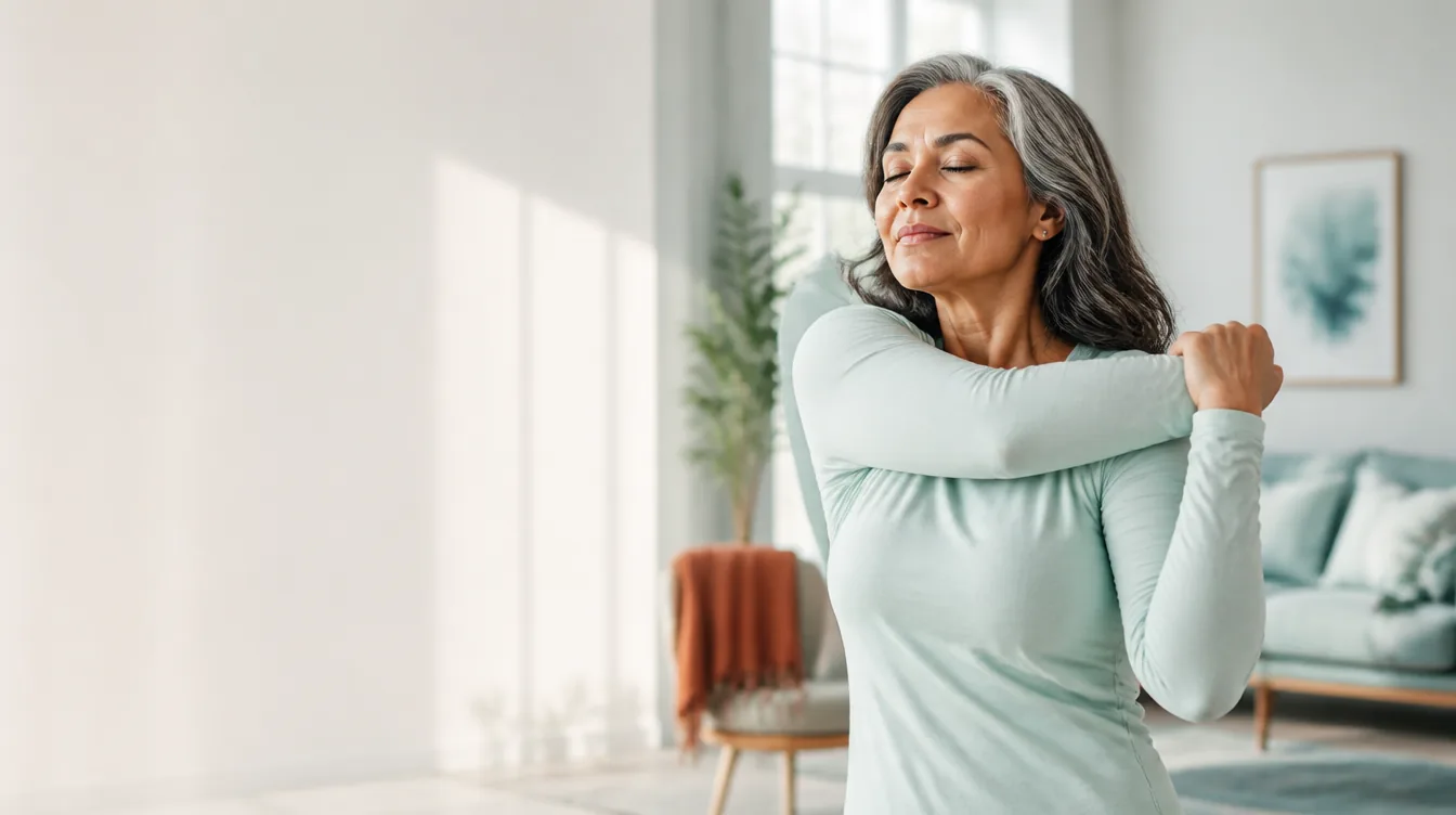 A healthy woman in her late 50s with silver-streaked hair and medium skin tone doing gentle standing stretches in a calm sunlit living room, eyes closed, relaxed confident posture