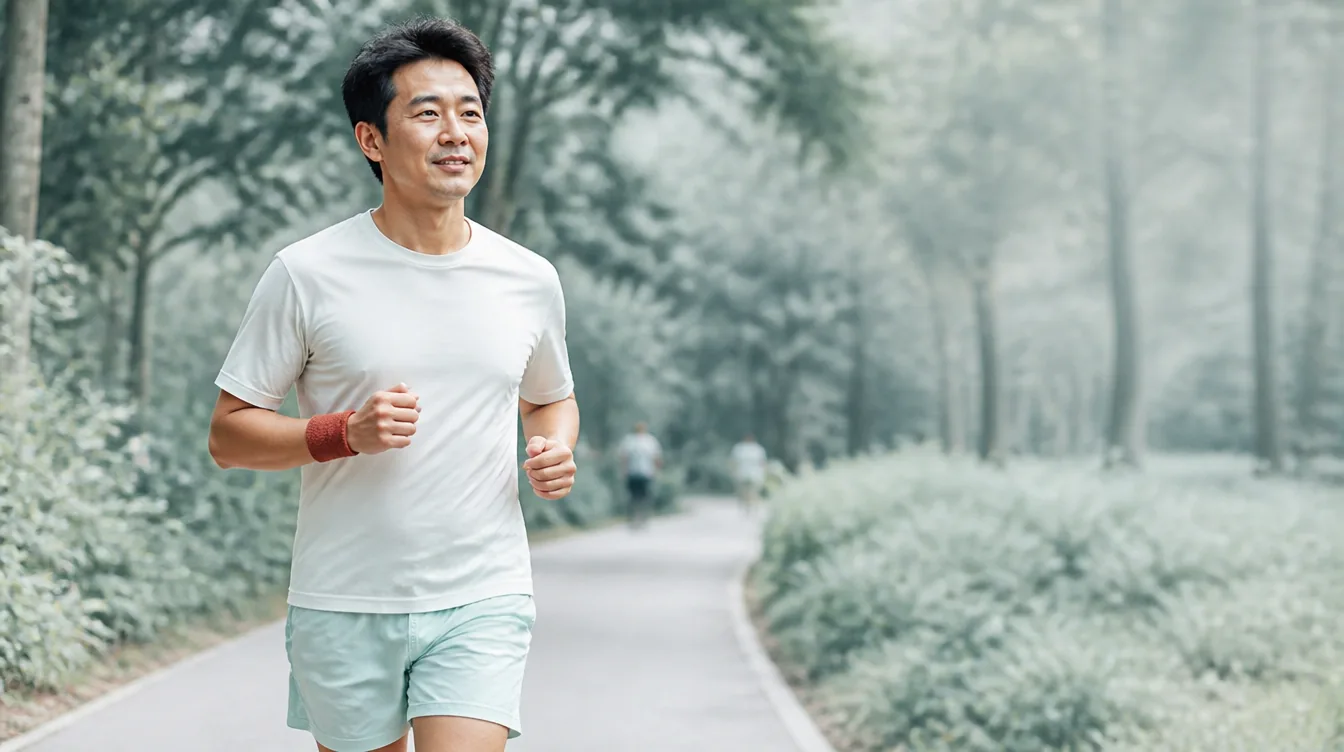 A man in his late 30s jogging on a paved park path, captured mid-stride at conversational distance, relaxed face with a slight smile, natural realistic skin, lean everyday build