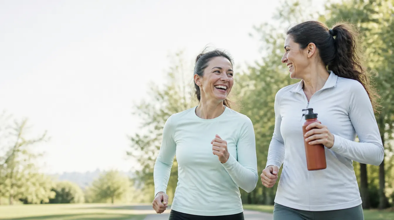 A woman in her late 30s mid-laugh on a gentle jog alongside a friend, both relaxed and thriving, natural realistic skin, she wears a pale mineral teal running top
