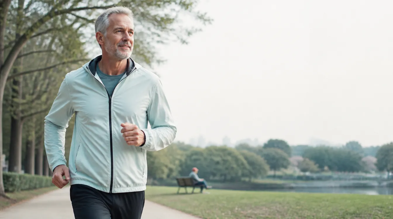 A fit, silver-haired man in his early 60s mid-stride on a light jog along a tree-lined path, relaxed confident expression, natural realistic skin