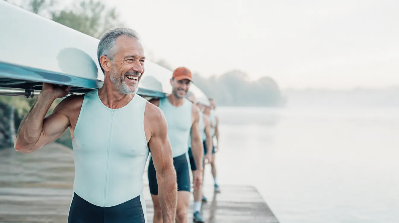 A fit man in his early 60s with natural realistic skin helping carry a rowing shell toward the water with a small crew, mid-laugh