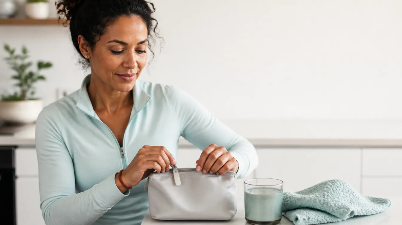A woman in her early 40s with warm medium-brown skin and natural realistic skin texture, in a pale mineral teal athleisure top