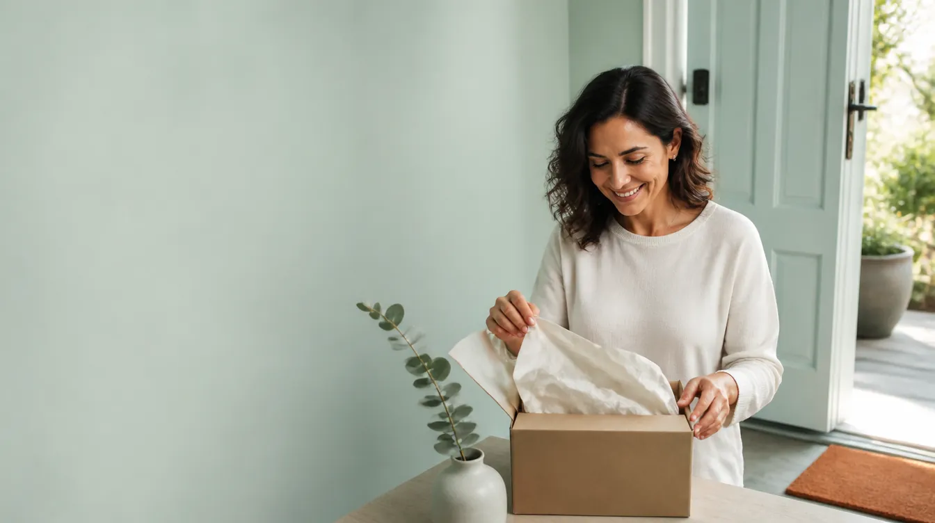 A woman in her late 30s with olive skin tone, smiling as she opens a small unbranded matte kraft shipping box on her doorstep or entryway table — the happy package-arrival moment. Beside