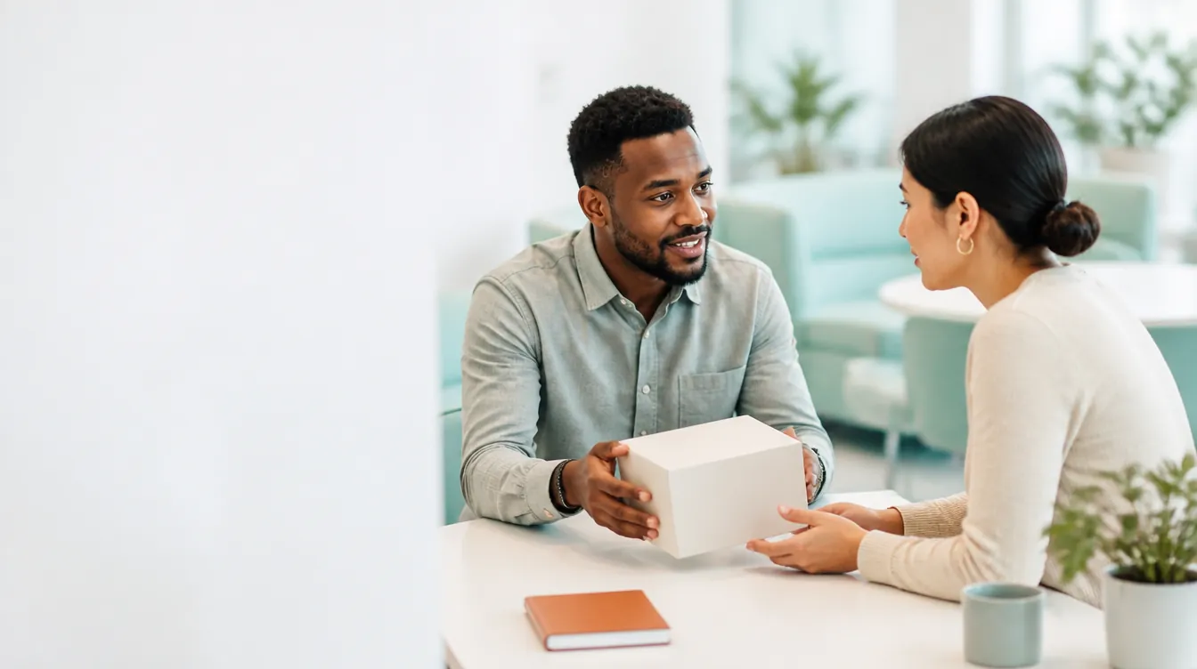 A business consultation conversation between two professionals at a bright co-working lounge table — one sliding a plain blank matte carton across the table toward
