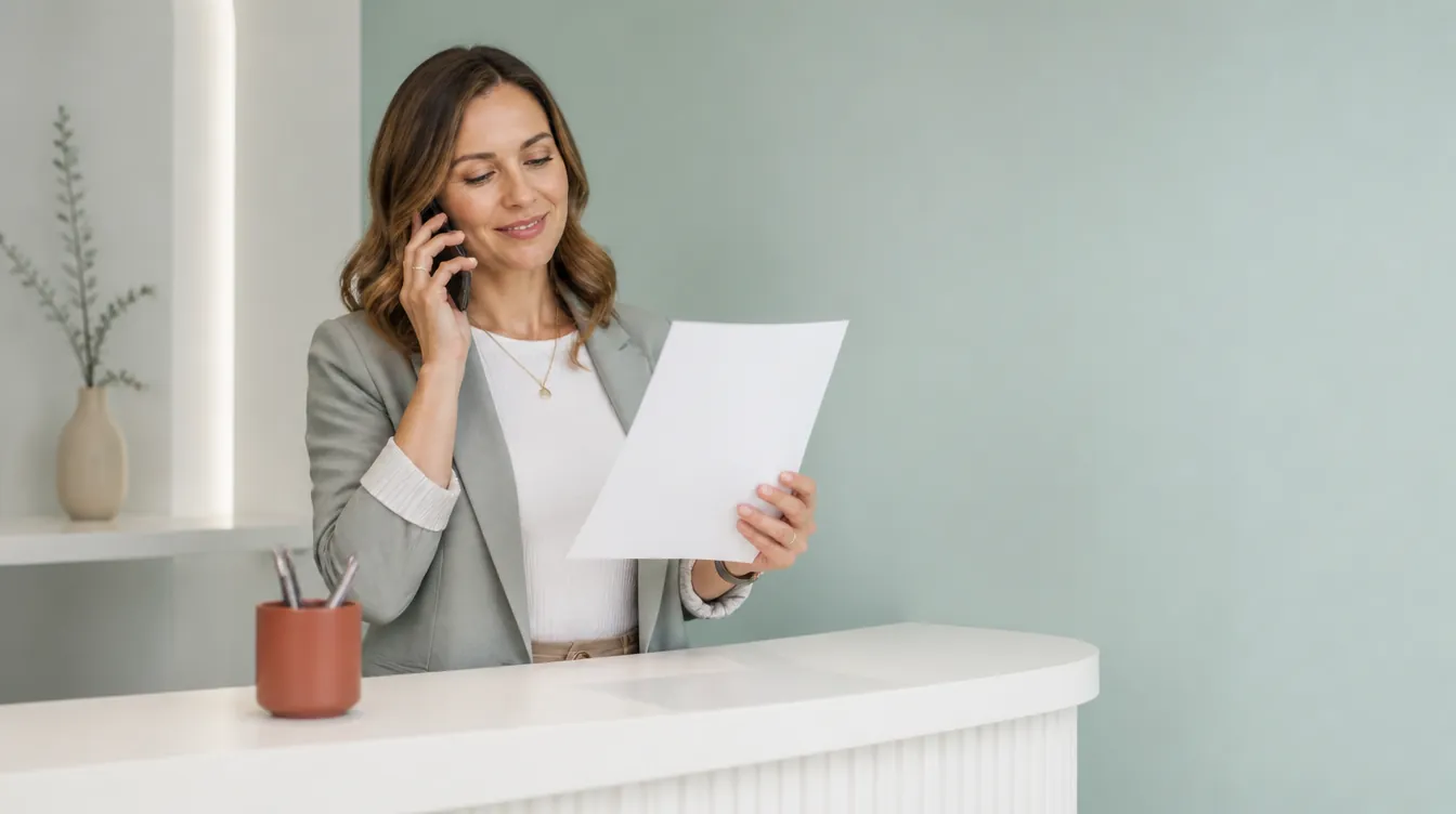 A clinic buyer in smart casual attire at a bright wellness clinic front desk, on a pleasant phone call while reviewing a blank order form, relaxed