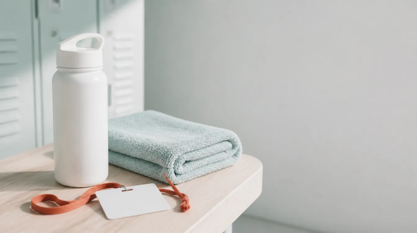 A white water bottle, folded pale teal towel, and a blank badge on a rust lanyard resting on a locker-room bench