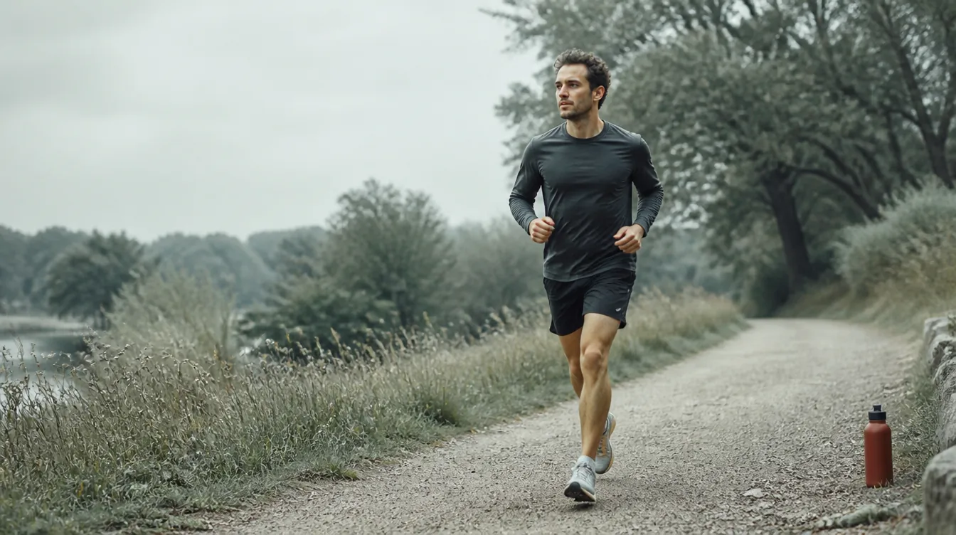 A man in his early 30s with medium-dark skin mid-stride in an easy training run, relaxed and focused, natural athletic build, wearing a warm near-white training tee and darker teal shorts