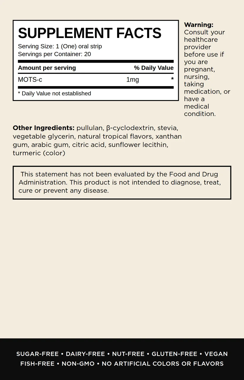 InstaMed BOOST MOTS-c oral dissolving strips, back of box supplement facts panel, 20 count