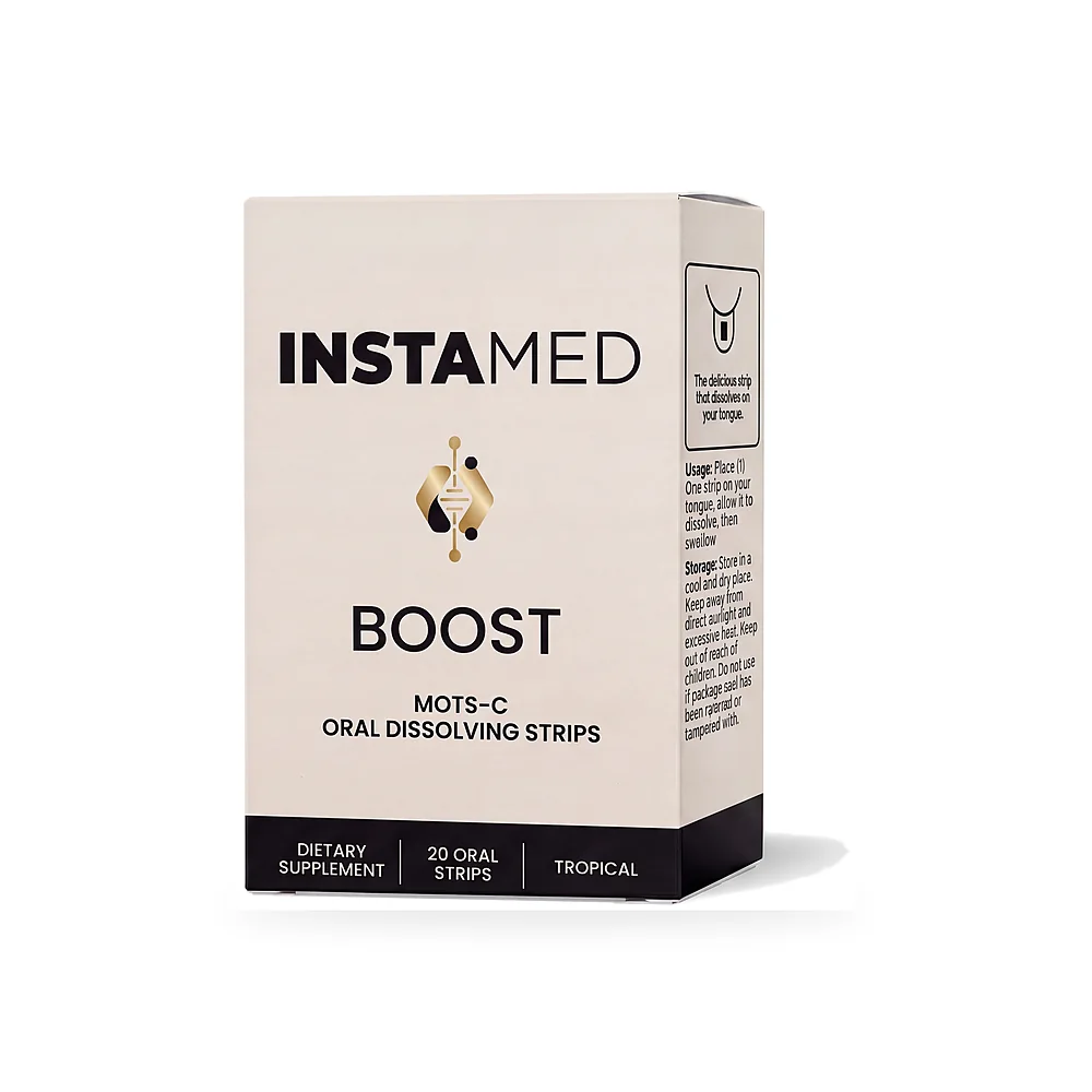 InstaMed BOOST MOTS-c oral dissolving strips, box angled render, 20 count, tropical