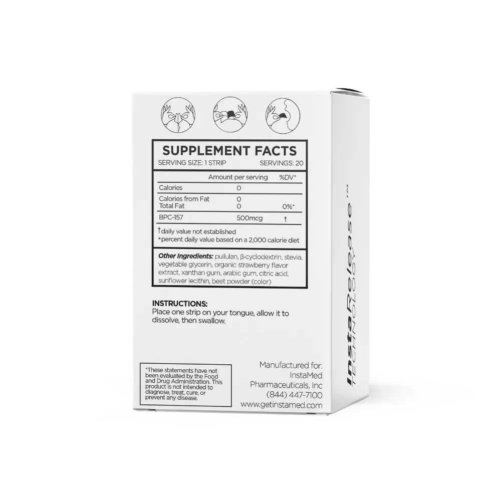 InstaMed BPC-157 oral dissolving strips, back of box supplement facts panel, 20 count