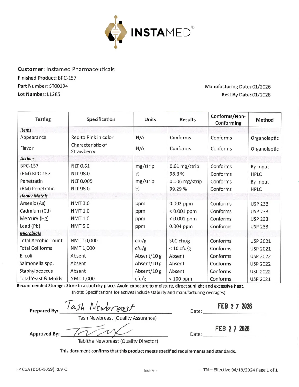 InstaMed BPC-157 Certificate of Analysis, Lot L1285