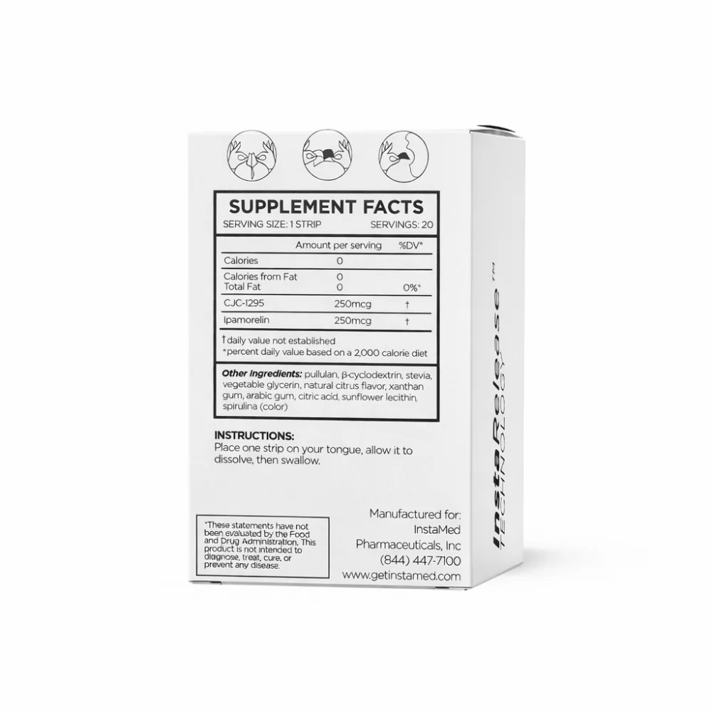 InstaMed CJC-1295/Ipamorelin oral dissolving strips, back of box supplement facts panel, 20 count