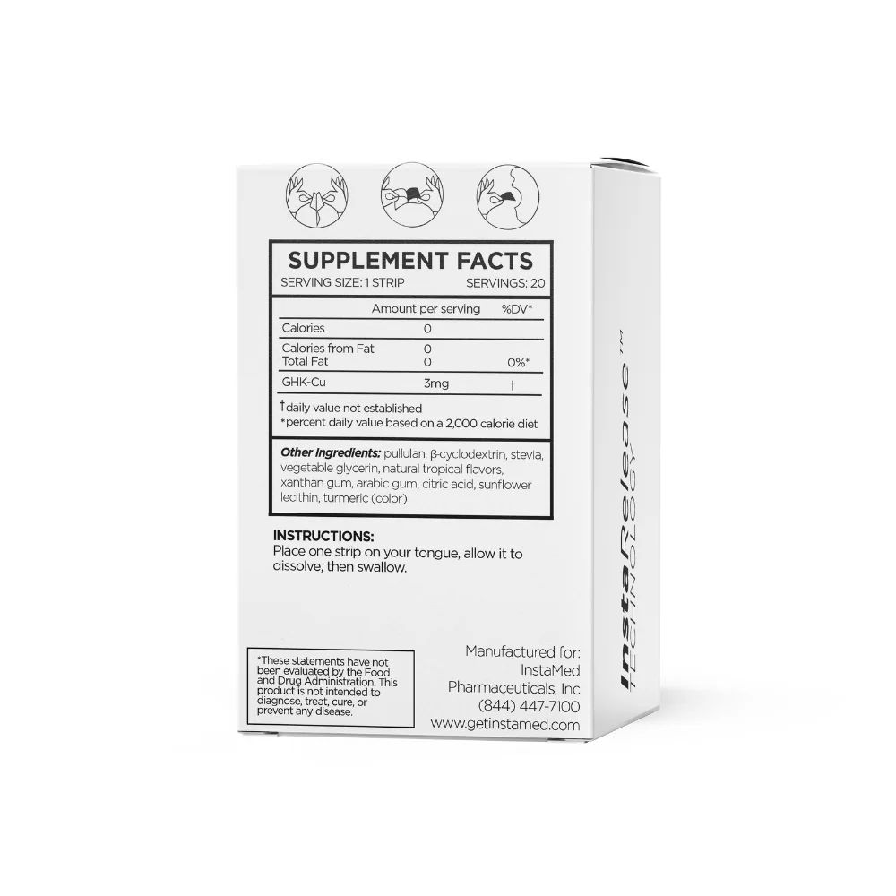 InstaMed GHK-Cu oral dissolving strips, back of box supplement facts panel, 20 count