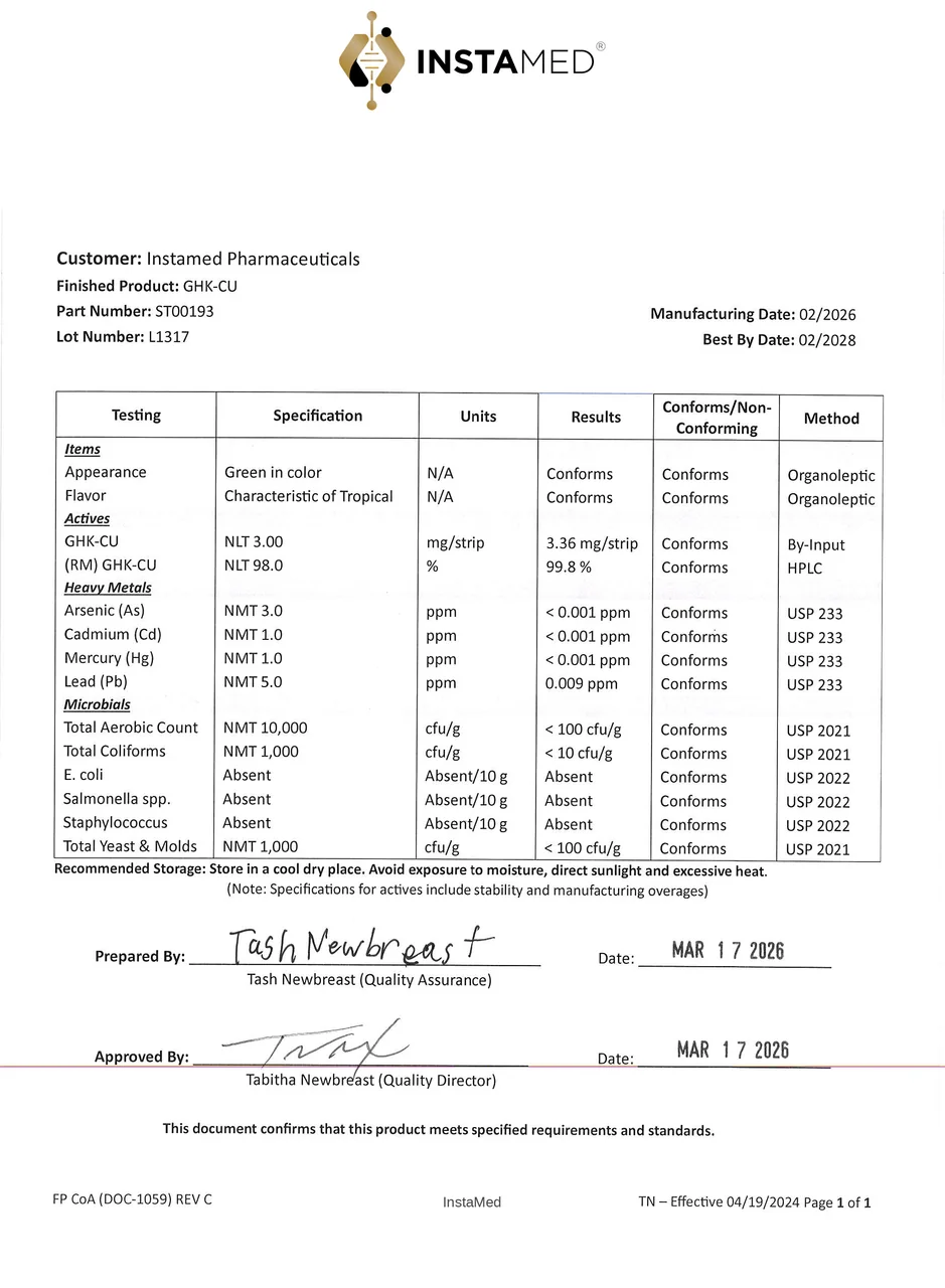 InstaMed GHK-Cu Certificate of Analysis, Lot L1317